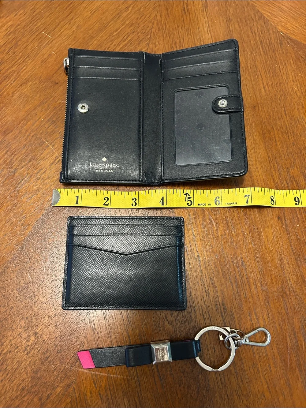 kate spade Black Leather Card Holder, Zip Wallet & Key Fob Set with Pink Accent